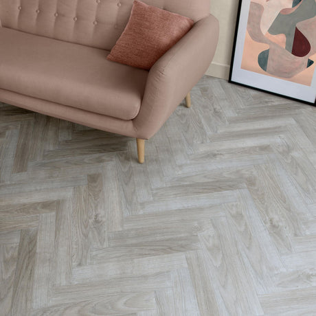Java Light Grey Laminate Herringbone Parquet Flooring – 84mm Wide – 8mm Thick