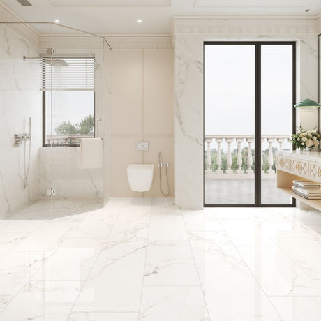 Ravello Gloss White Marble Inorganic Waterproof Flooring – 8mm Thick (400mm x 800mm, AC5)