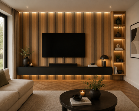 Ljubljana Oak Wooden Wall Panelling with Black Felt – 21mm Thick (600mm x 2400mm)