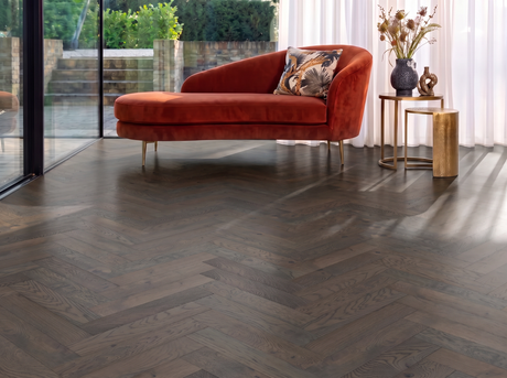 Basel Dark Oak Herringbone Engineered Wood Flooring – Brushed & Lacquered - 90mm Wide