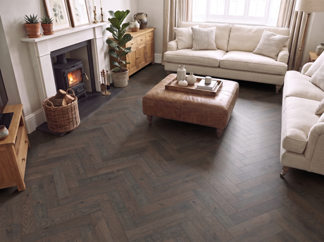 Basel Dark Oak Herringbone Engineered Wood Flooring – Brushed & Lacquered - 90mm Wide