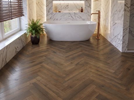 Bexley Oak Laminate Herringbone Parquet Flooring – 14mm Thick - AC4 Rated – Underlay Attached (2mm)