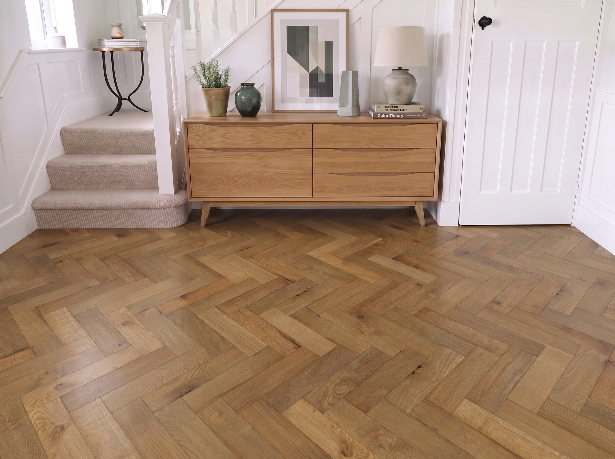 Como Oak Herringbone Parquet Engineered Wood Flooring – Brushed & Lacquered – 90mm Wide – 18mm Thick