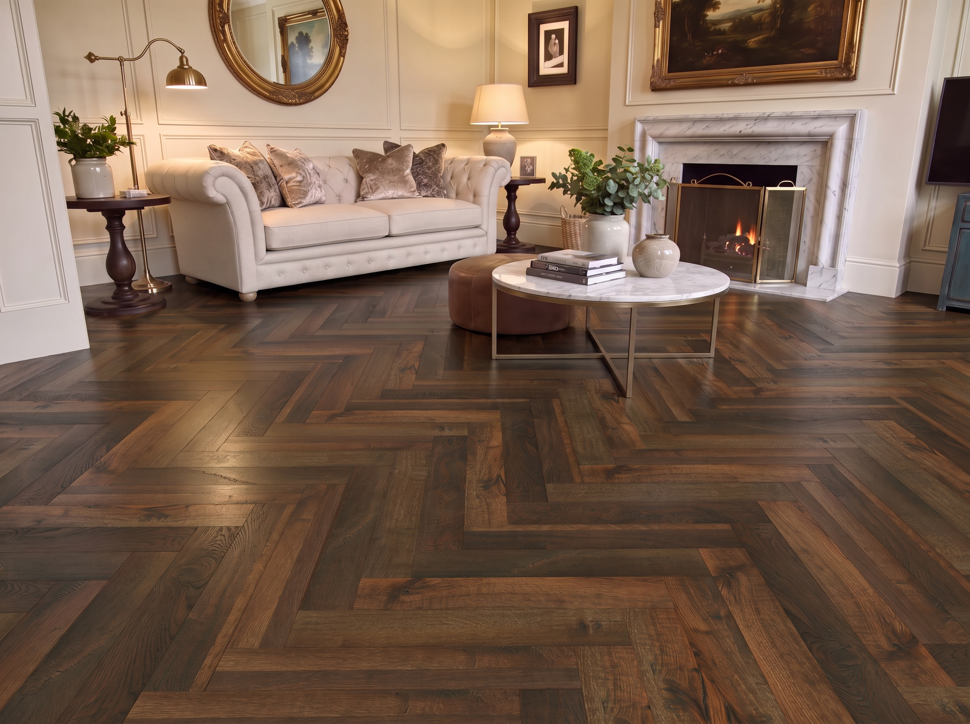Greenwich Oak Laminate Herringbone Parquet Flooring – 14mm Thick - AC4 Rated – Underlay Attached (2mm)