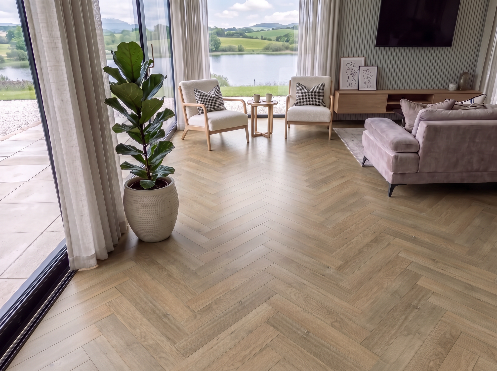 Richmond Oak Laminate Herringbone Parquet Flooring – 14mm Thick - AC4 Rated – Underlay Attached (2mm)